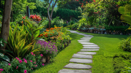 Naklejka premium Pathway through a garden filled with aromatic and colorful plants, inviting and tranquil, right third copy space