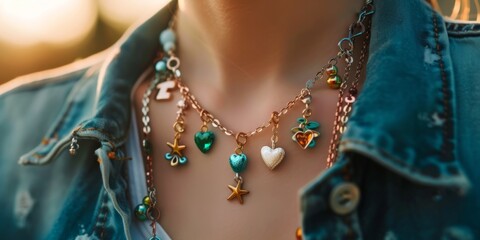 A person wearing a charm necklace, with various quirky and personalized charms hanging from it