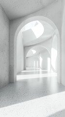 Fototapeta premium Minimalist Abstract Architectural Design Featuring Open Space with Concrete Floors and Curved Walls, Ideal for Museum or Exhibition Hall Models, Outdoor Settings, High-End Aesthetic, Building Material
