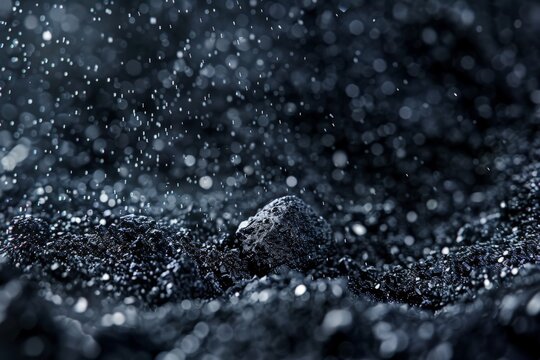 Close-up of activated carbon particles, front view, porous texture, futuristic tone 