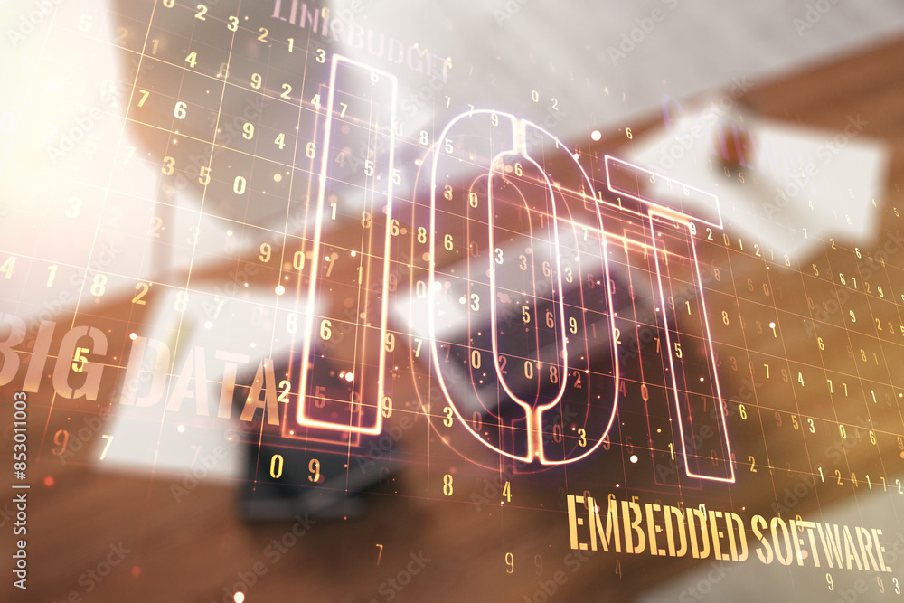 Poster Creative IOT concept and modern desktop with computer on background. Multiexposure