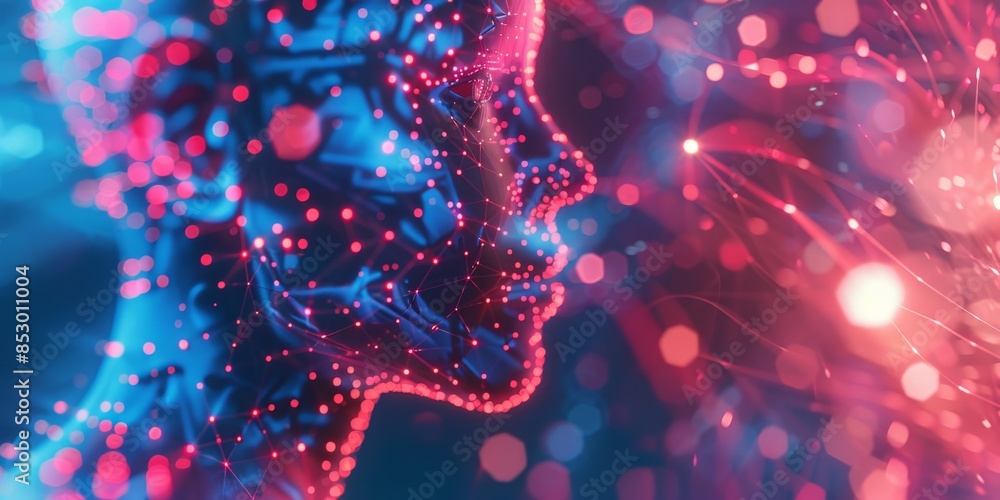 Poster close-up of dynamic ai neural network, front view, real-time learning, cybernetic tone