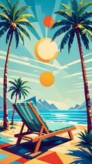 Naklejka premium sun lounger on the beach. summer seascape. abstract geometric illustration