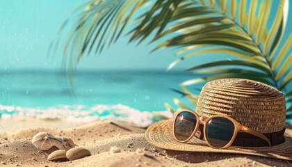 Tropical beach vibes  sand, straw hat, sunglasses, and palm tree in the background