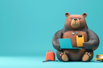Obraz premium A cartoon bear is sitting on a laptop computer
