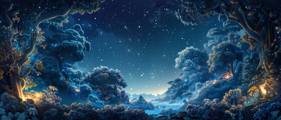 Starry night sky, fantasy forest landscape with magical clouds and glowing lanterns, dreamy and mysterious atmosphere of an enchanting fairy tale scene