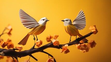  Origami paper birds on a branch with yellow background, perfect for art, decor, and creative design projects.