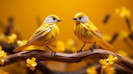 Obraz premium Origami paper birds on a branch with yellow background, perfect for art, decor, and creative design projects.
