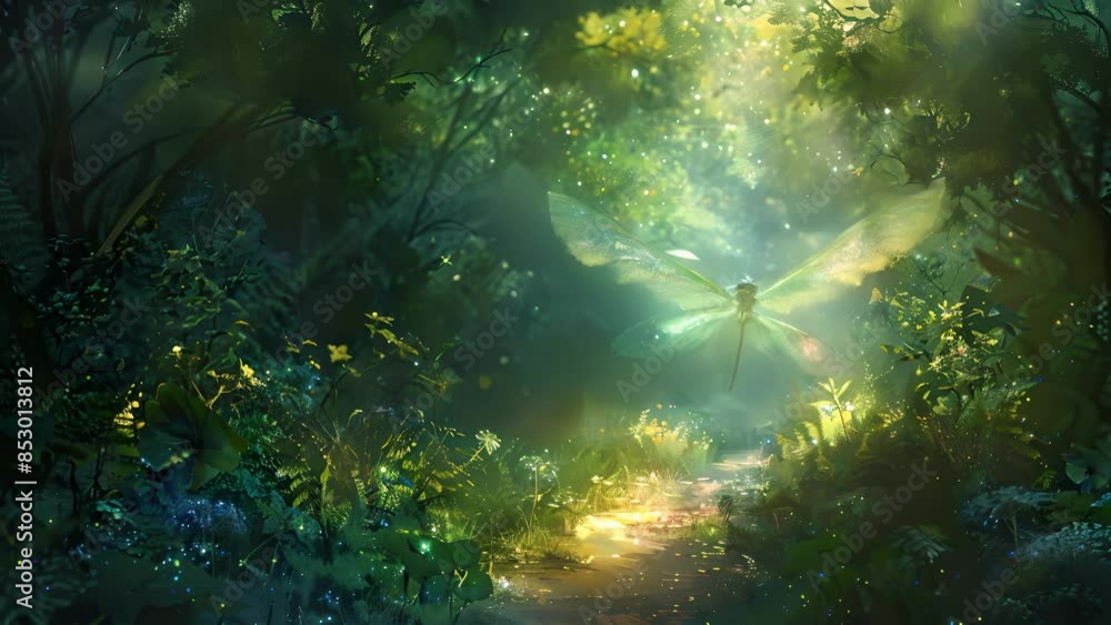 Poster a shimmering iridescent dragonfly fluttered ahead of the traveler its delicate wings creating a mesm