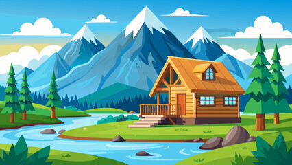 In summer, a wooden house with a snowy mountain backdrop and a river in front