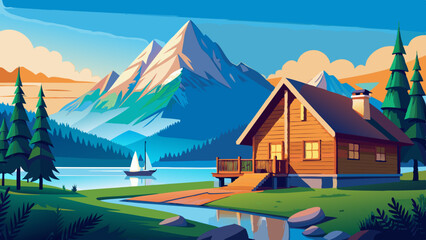 In summer, a wooden house with a snowy mountain backdrop and a river in front