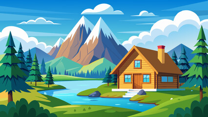 In summer, a wooden house with a snowy mountain backdrop and a river in front