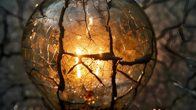 Illuminating cracks Closeup of a partially lit light bulb revealing small cracks and imperfections in the glass that allow the light to escape creating a unique pattern.