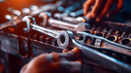 Fototapeta premium Close up mechanic hand pick a wrench in the tool box