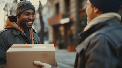 A customer receiving a package from a delivery driver.