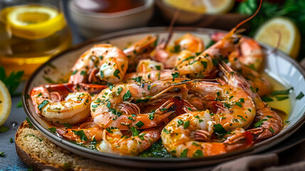 Grilled prawn scampi fresh bread appetizer plate, AI Generative
