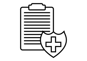 Icono negro de carpeta con documento y escudo con cruz de salud representando seguro de salud