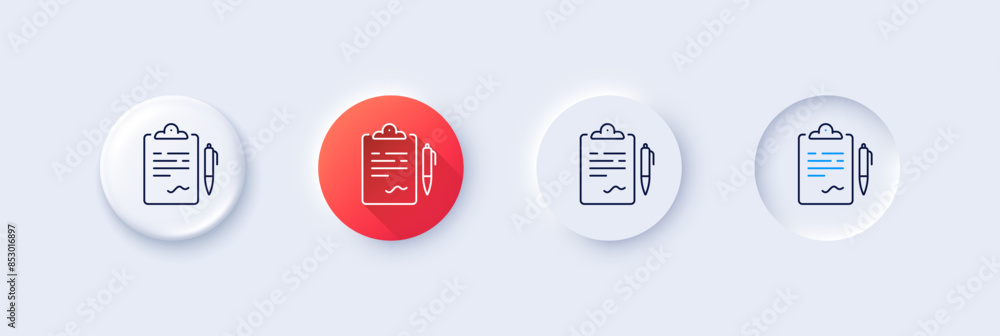 Poster clipboard document line icon. neumorphic, red gradient, 3d pin buttons. agreement file sign. sign co