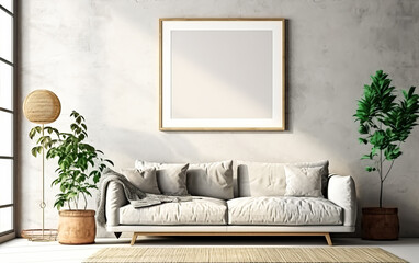 A white couch sits in front of a blank wall.