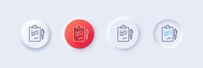 Clipboard document line icon. Neumorphic, Red gradient, 3d pin buttons. Agreement file sign. Sign contract symbol. Line icons. Neumorphic buttons with outline signs. Vector