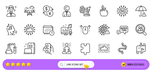 Search employees, Copyrighter and Eco food line icons for web app. Pack of Covid virus, Podcast, Fingerprint research pictogram icons. Cloud network, Support consultant, Timeline signs. Vector