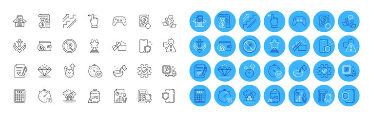 Opened gift, Service and Teamwork line icons pack. Fast verification , Tax calculator, Warning web icon. Diamond, Phone protect, Truck parking pictogram. Stairs, Timer, Building. Vector
