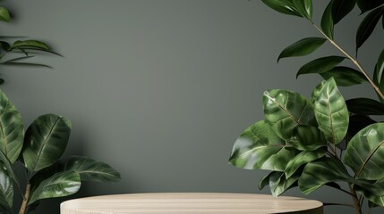 Minimalist Green Product Display with Wooden Platform