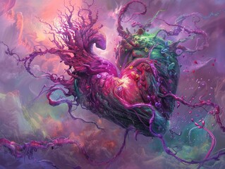 Surrealistic abstract heart with vibrant colors and intricate details, symbolizing emotion, love, and imagination in a dreamlike scene.