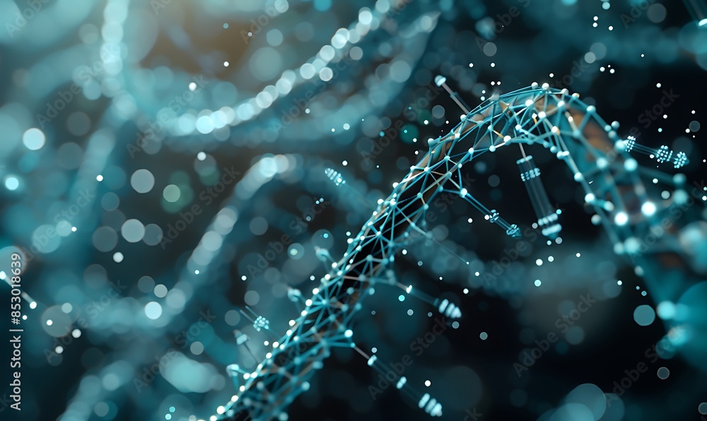 Poster dna and nanotechnology: molecular wireframe with nano devices, illustrate dna with tiny robotic elem