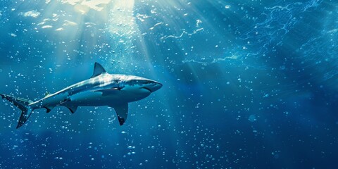 Fototapeta premium Great White Shark Swimming Underwater with Marine Life, Bubbles, and Sunlight in Deep Blue Sea, Ocean Wildlife Wide Banner Poster with Copy Space, Animal World, Marine Environment Conservation Concept