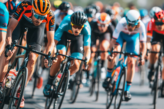 Cyclists race in tight pack during a professional road cycling event