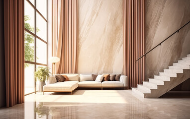 A living room with a white wall and a brown wall.