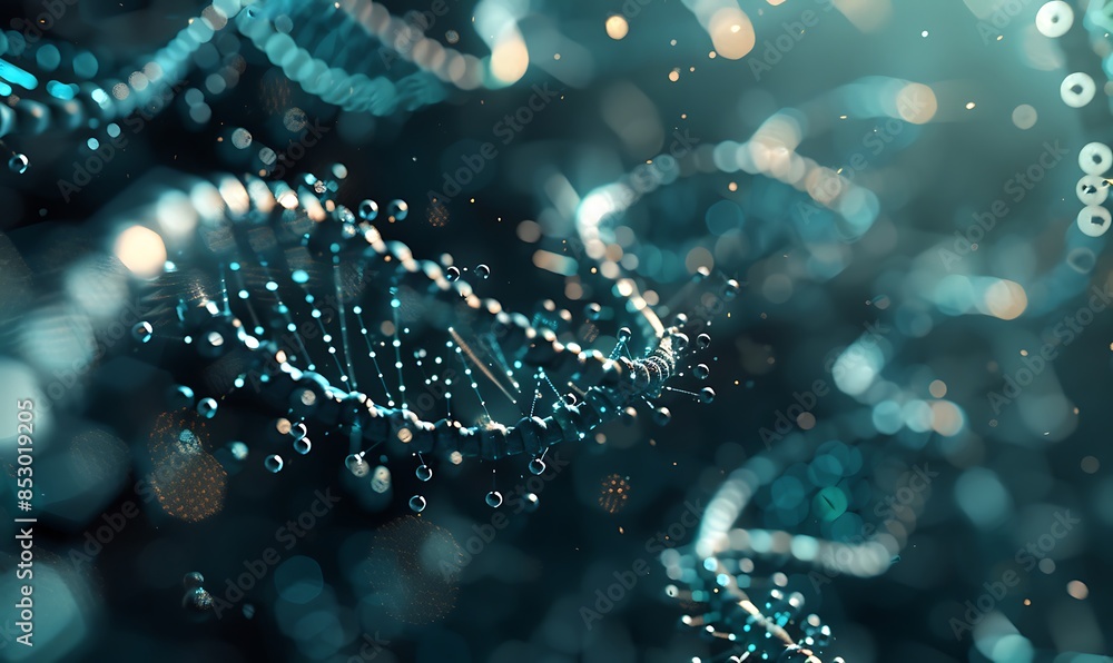Poster dna and nanotechnology: molecular wireframe with nano devices, illustrate dna with tiny robotic elem