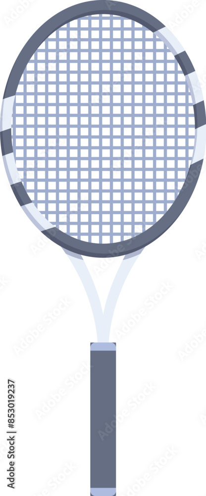 Poster tennis racket standing up, showing the strings and handle, isolated on a white background
