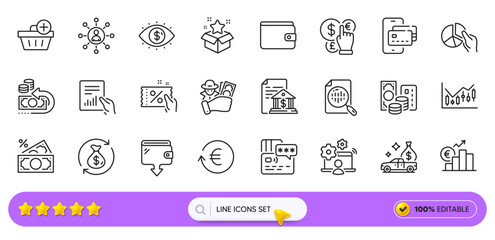 Change money, Add purchase and Exchange currency line icons for web app. Pack of Document, Money wallet, Euro rate pictogram icons. Networking, Phone pay, Wallet signs. Card. Search bar. Vector