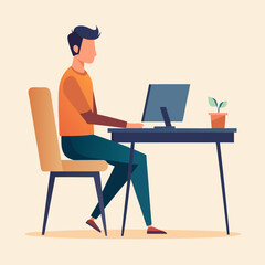 vector illustration of a young man sitting at his desk  working on his computer on white background