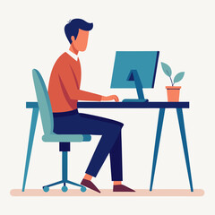 vector illustration of a young man sitting at his desk  working on his computer on white background