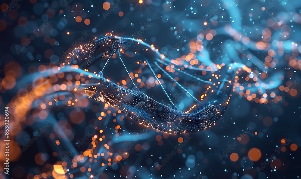Poster dna and nanotechnology: molecular wireframe with nano devices, illustrate dna with tiny robotic elem