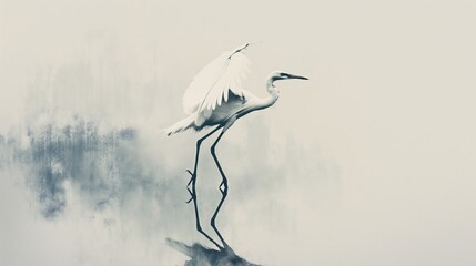 A graceful white egret stands in still water with wings slightly spread, surrounded by a minimalistic, misty background.