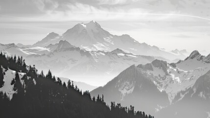 Snowy Mountain Range Under a Hazy Sky