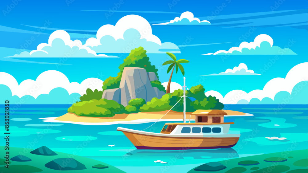 Wall mural A boat in turquoise ocean water with a backdrop of blue sky, white clouds, and a tropical island. A perfect natural landscape for a summer vacation