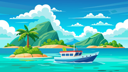 A boat in turquoise ocean water with a backdrop of blue sky, white clouds, and a tropical island. A perfect natural landscape for a summer vacation © Sumondesigner_42