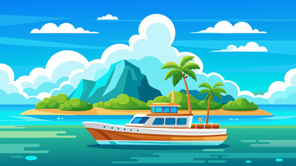 A boat in turquoise ocean water with a backdrop of blue sky, white clouds, and a tropical island. A perfect natural landscape for a summer vacation