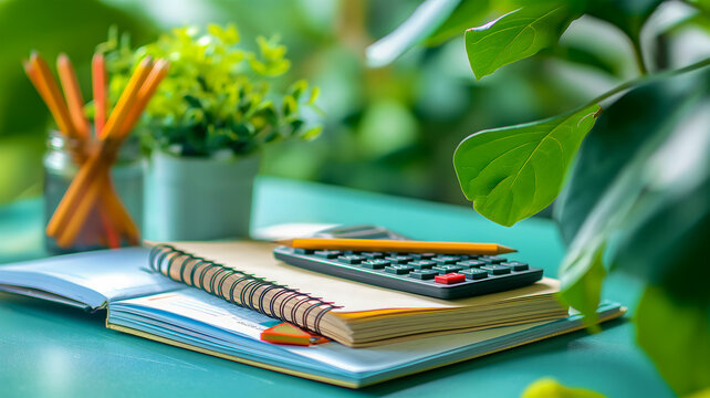 Back to school. Side view. On the desktop against the background of green plants stationery pencils, calculator, notepad. The concept of teaching and education at the university and college