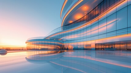 Obraz premium Modern curved glass building reflecting sunset with sleek architectural design and glowing lights, showcasing futuristic urban landscape.