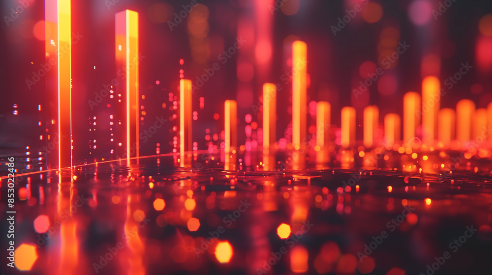 Poster glowing vertical light bars in a dark, reflective environment, surrounded by small, floating particl