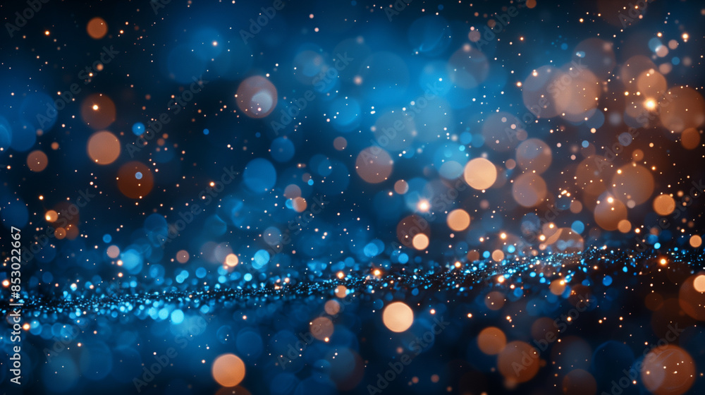 Poster abstract image of blue and orange bokeh lights creating a dreamy, sparkling background effect.