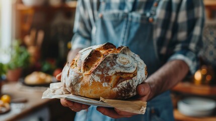 A close-up of baker holding a freshly baked loaf of bread, the rustic kitchen setting warm and inviting