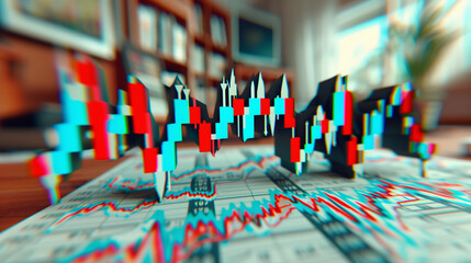 Colorful 3D financial charts on a desk in an office, creating a dynamic and immersive data visualization.