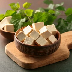 Pieces of indian paneer cheese or cubes, tofu in bowl